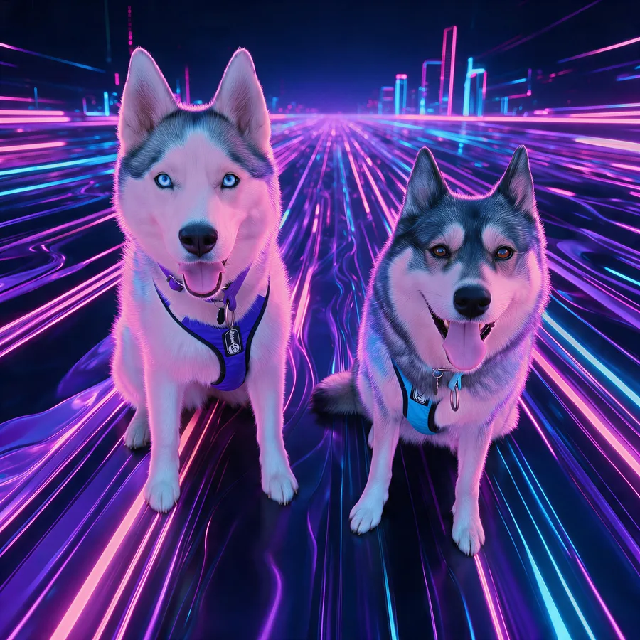 Sansa and Annie, the two Siberian huskies the PSYB name comes from, sitting on a neon-lit road